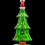 Green glass water pipe shaped like a Christmas tree with colorful lights and ornaments.