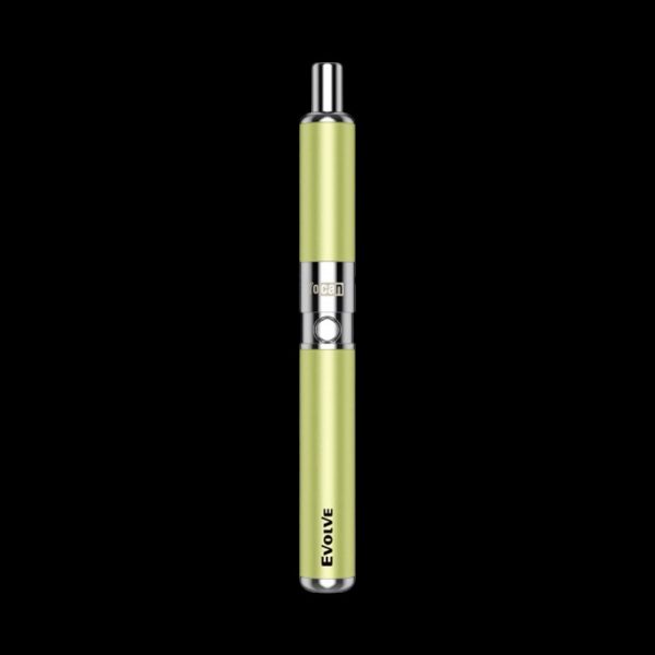 Green cannabis vape pen with metallic accents.