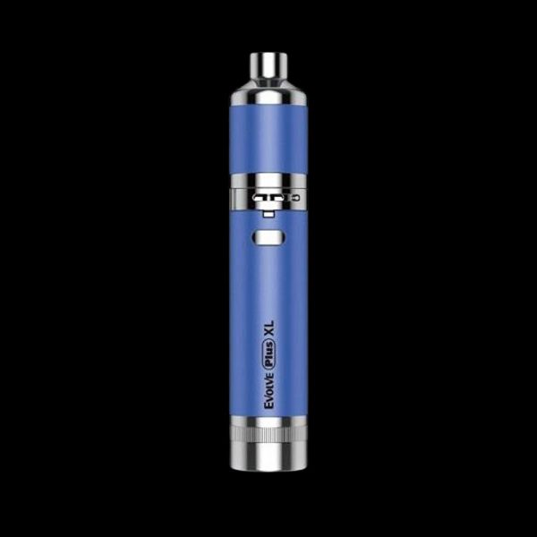 Blue cannabis oil vape pen with “Evolve Plus XL” text.