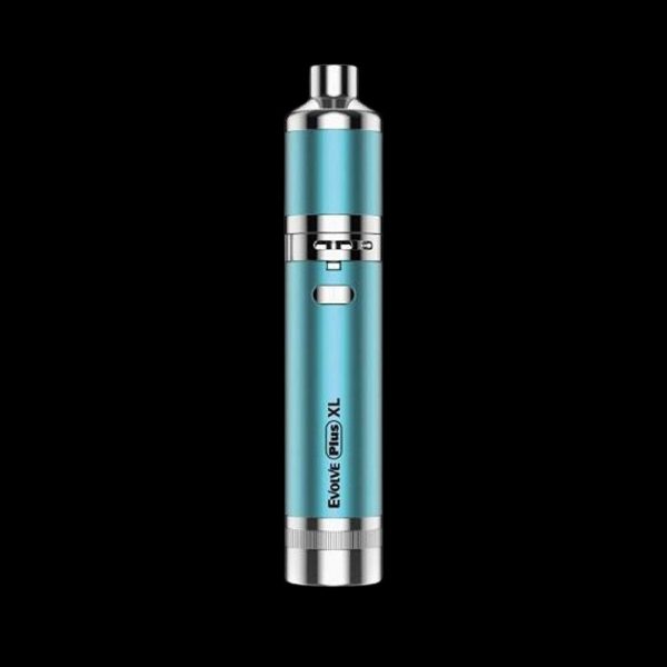 Teal cannabis vaporizer pen with “Evolve Plus XL” branding.