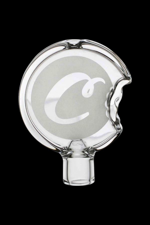 Clear glass cannabis oil rig bubbler with a circular design.