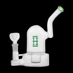 Clear glass water pipe with a green logo and removable bowl.