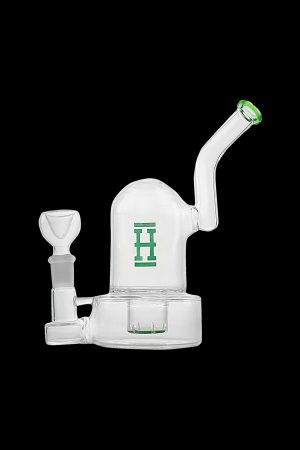 Clear glass water pipe with a green logo and removable bowl.