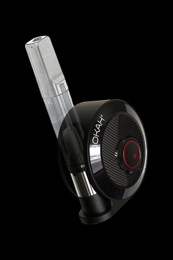 Sleek black and silver cannabis oil vaporizer pen with a clear cartridge, angled against a dark background.