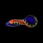 Glass pipe with a snake-like design in vibrant red, yellow, and purple against a black background.