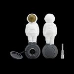 Astronaut-shaped cannabis pipe with disassembled components and metal filter.