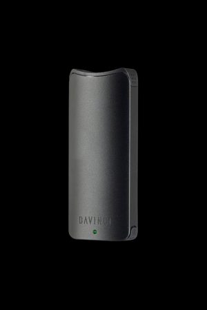 Black DaVinci IQ2 vaporizer pen on a dark background.