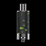 Cannabis dab rig with a black and green speckled glass water pipe and metallic base.