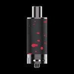 Silver and black cannabis dab rig with red splatter pattern, isolated on a black background.