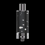 Black and silver cannabis dab rig with a patterned cylindrical body.