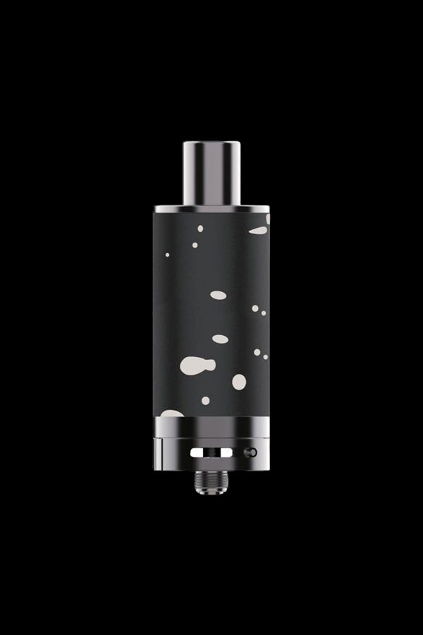 Black and silver cannabis dab rig with a patterned cylindrical body.