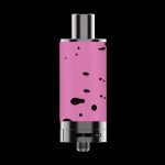 Pink cannabis dab rig with metallic accents against a black background.