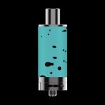 Turquoise cannabis oil vape pen with metallic accents, isolated on a black background.