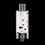 Silver cannabis oil vape cartridge with black speckles, isolated on a black background.