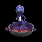 Purple alien figurine seated within a speckled ashtray, likely for cannabis use.