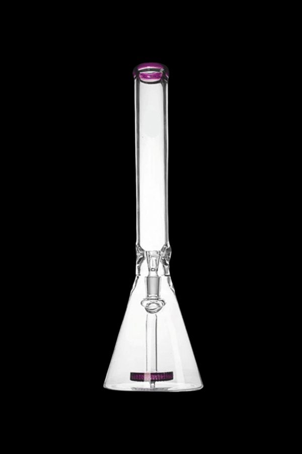 Clear glass bong with pink accents, isolated on a black background.