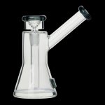 Clear glass rig with a flared base and angled mouthpiece.