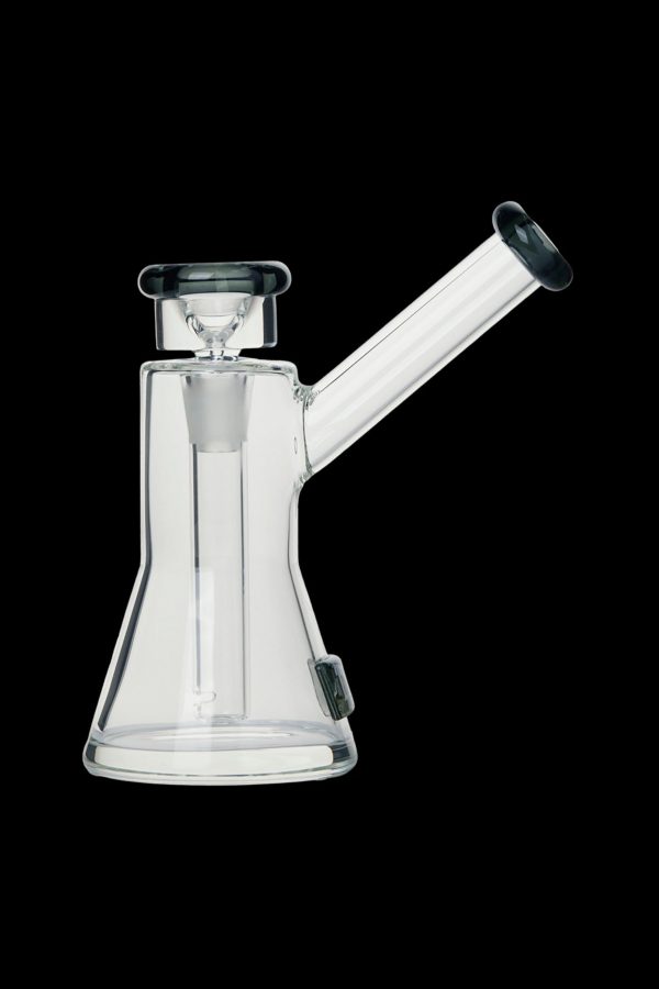 Clear glass rig with a flared base and angled mouthpiece.