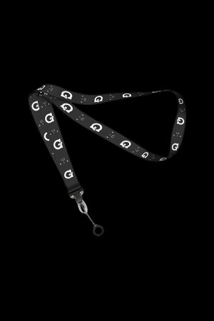 Black lanyard with repeating white cannabis leaf graphics.