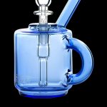 Blue glass bubbler with a handle and mouthpiece, used for smoking cannabis.
