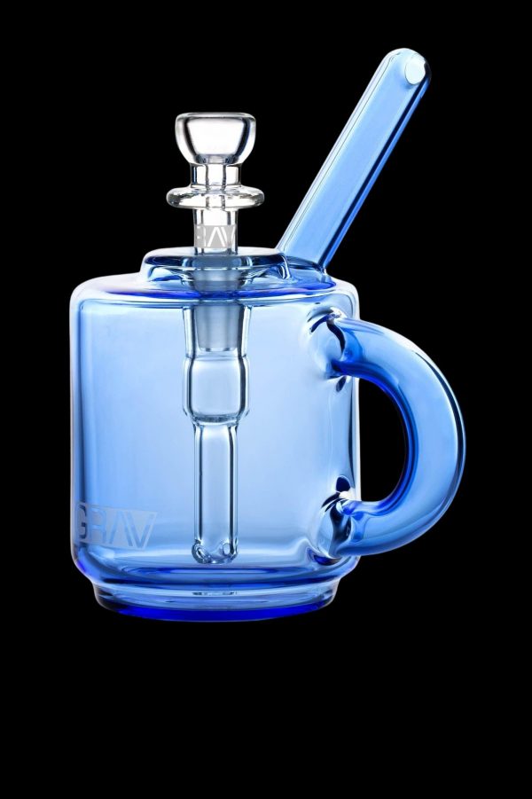 Blue glass bubbler with a handle and mouthpiece, used for smoking cannabis.