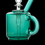 Teal glass rig with a bubbler and handle, branded "GRAV".