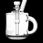 Clear glass bubbler with a handle and branded with “GRAV”.