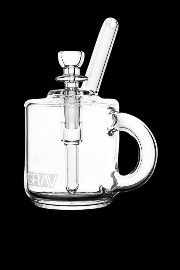 Clear glass bubbler with a handle and branded with “GRAV”.