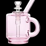 Pink glass bubbler with a handle and mouthpiece.