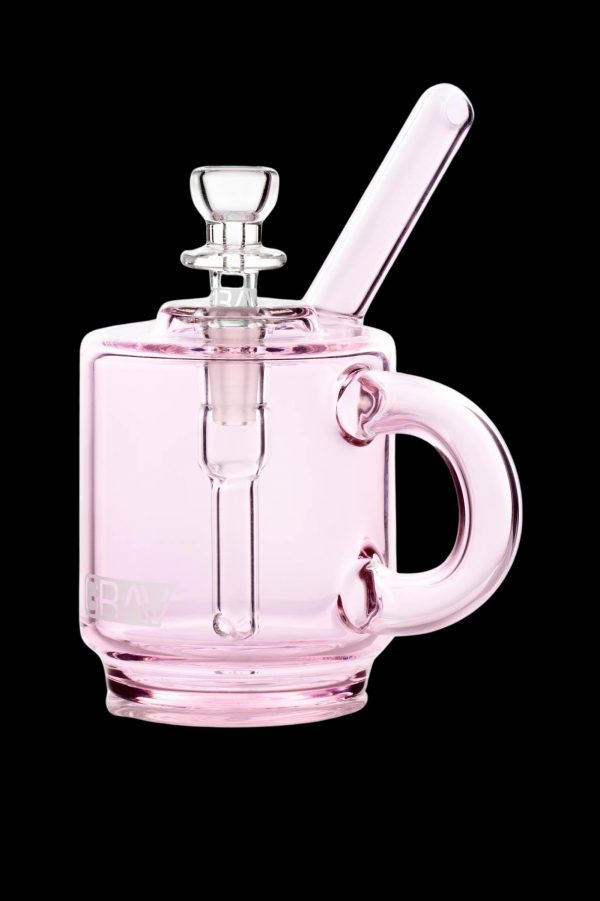 Pink glass bubbler with a handle and mouthpiece.