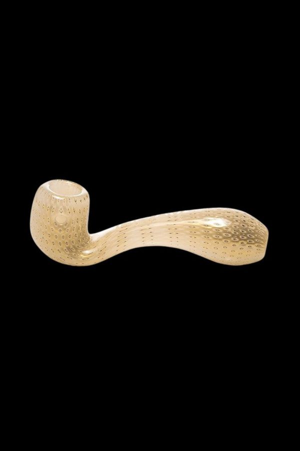Glass pipe with speckled tan and cream coloring against a black background.