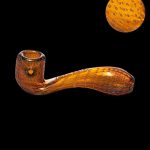 Orange speckled glass pipe with a rounded bowl, displayed against a black background.