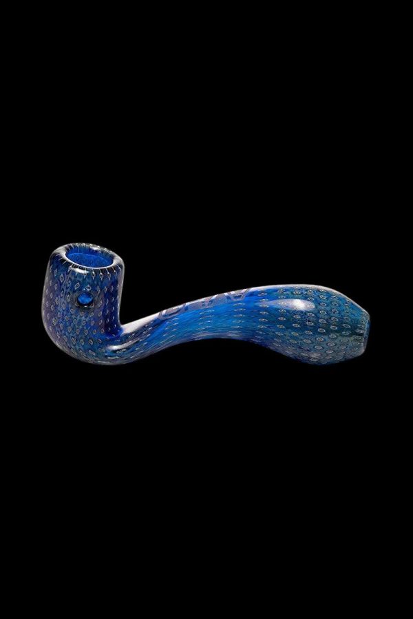 Blue glass pipe with speckled pattern against a black background.
