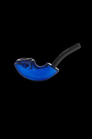 Blue glass pipe with a curved mouthpiece, isolated on a black background.