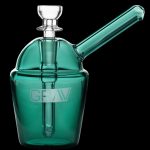 Green glass bubbler water pipe with a clear mouthpiece and branded logo.