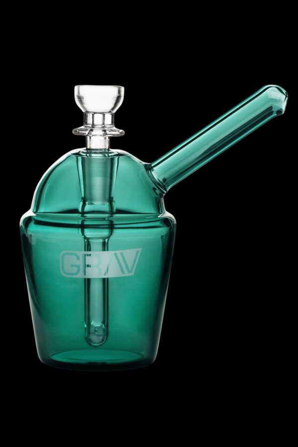 Green glass bubbler water pipe with a clear mouthpiece and branded logo.