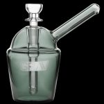 Green glass bubbler with a clear glass mouthpiece and bowl.
