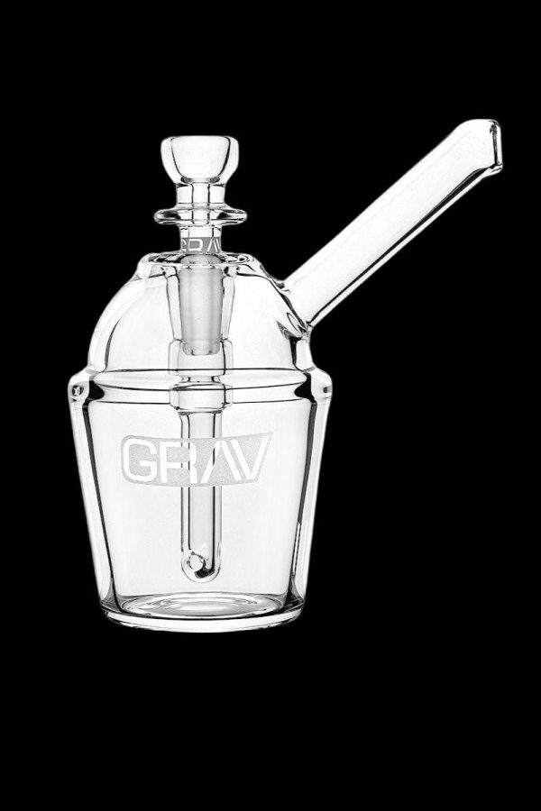 Clear glass bubbler with a branded logo and extended mouthpiece.