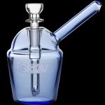 Blue glass bubbler with a curved mouthpiece and “GRAV” etched on the side.