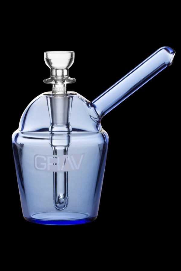 Blue glass bubbler with a curved mouthpiece and “GRAV” etched on the side.