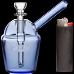 Blue glass bubbler with a lighter beside it.