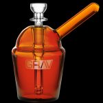 Red glass water pipe with “GRAV” logo, studio shot.