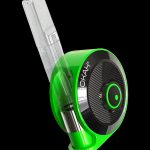 Green and silver cannabis oil vaporizer with a clear, cylindrical cartridge.