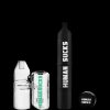 Two cannabis oil vape cartridges and a battery with "HUMAN SUCKS" branding, isolated on a black background.