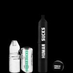 Two cannabis oil vape cartridges and a battery with "HUMAN SUCKS" branding, isolated on a black background.