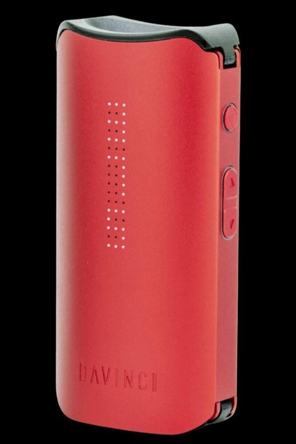 Red DaVinci IQ2 vaporizer with perforated front panel.