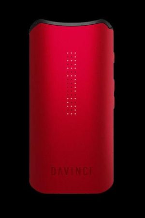 Red Davinci vaporizer with illuminated dots, displaying the brand name.