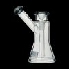 Clear glass water pipe (rig) with a flared base and angled mouthpiece.