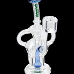 Clear glass water pipe (rig) with blue accents and the “OOZE” logo.