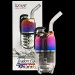 A product shot of a Lookah Dragon Egg cannabis dab rig with a purple and pink gradient, displayed in its packaging.